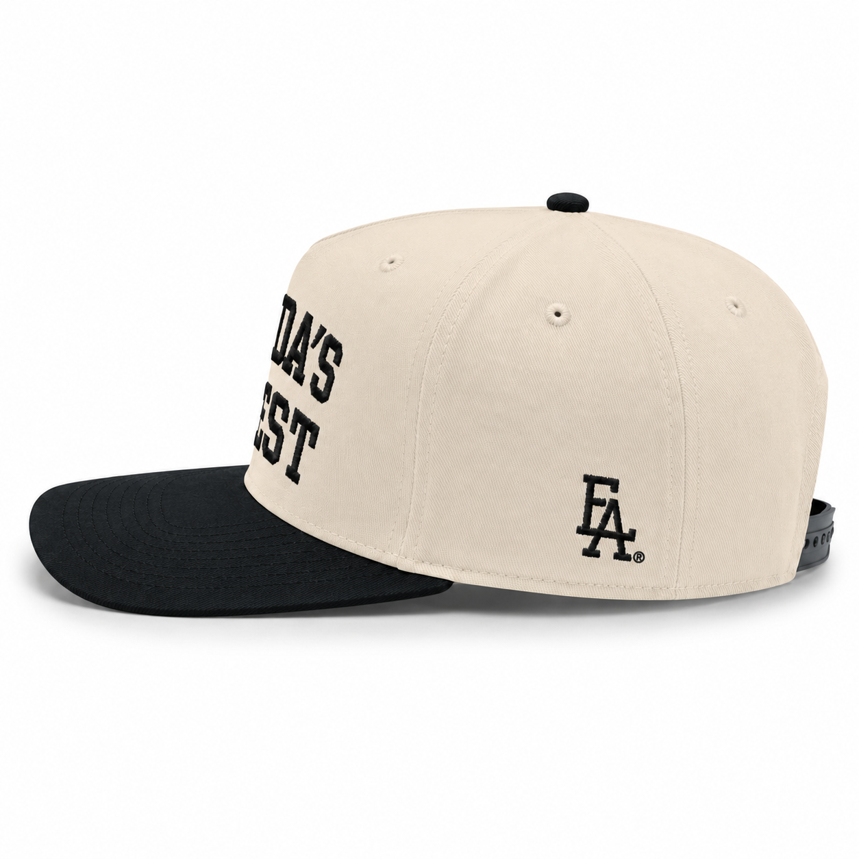 Cream and black snapback cap side view featuring bold “Florida’s Finest” embroidery on the front, a black embroidered “FLA” side logo, contrasting black brim, and adjustable snapback closure.