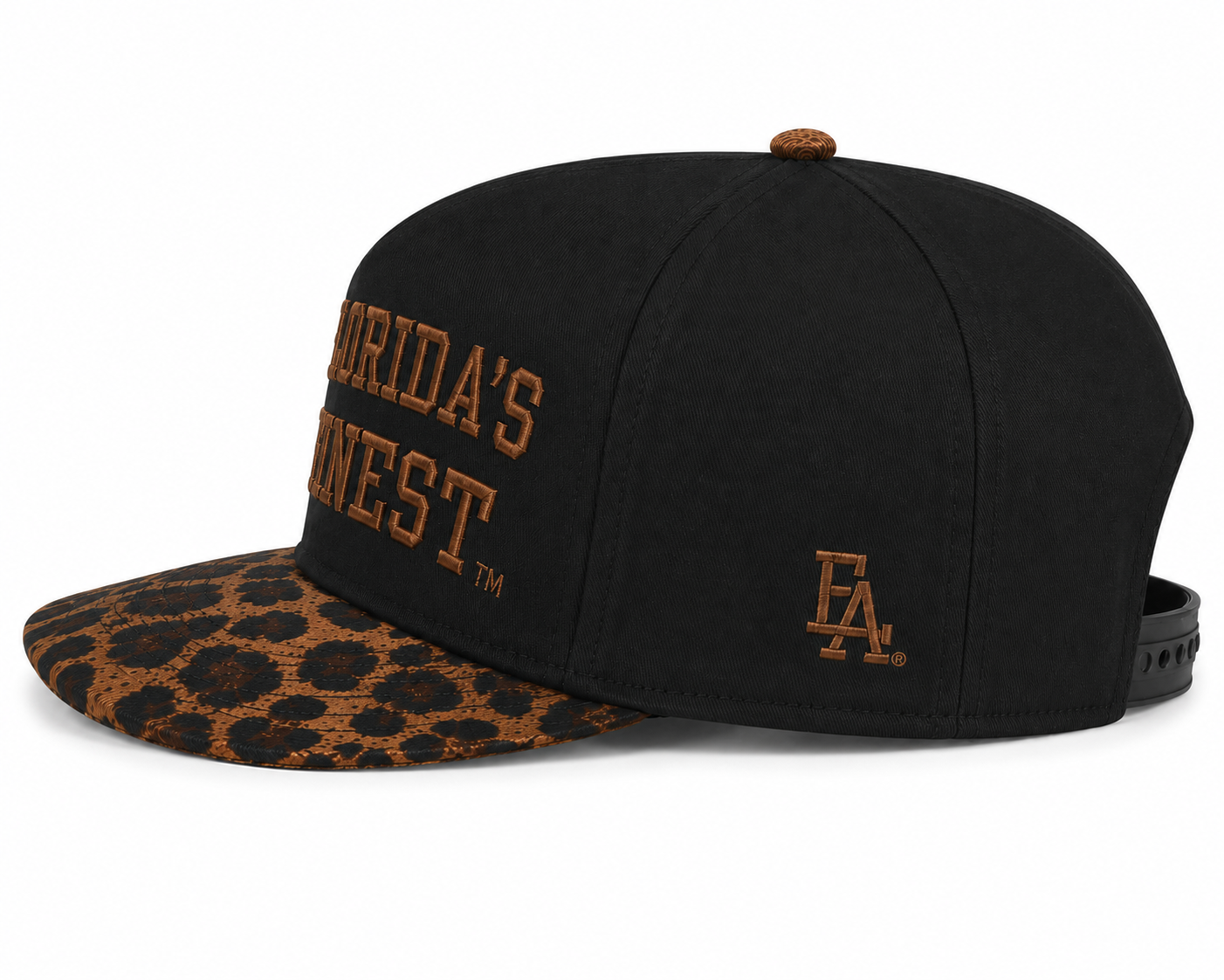 Side view of a black snapback hat featuring bold brown embroidered "Florida's Finest™" lettering on the front and a brown embroidered FLA® logo on the side panel. The hat has a brown leopard print curved brim, matching leopard print top button, and an adjustable black snapback closure, combining premium embroidery with a bold animal print accent for a modern streetwear look.