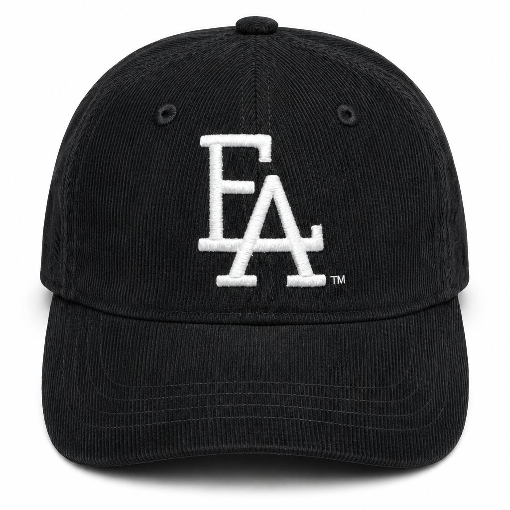 Black corduroy baseball cap featuring a white embroidered “FLA” logo on the front, textured fabric, and a classic curved brim for a vintage-inspired streetwear look.