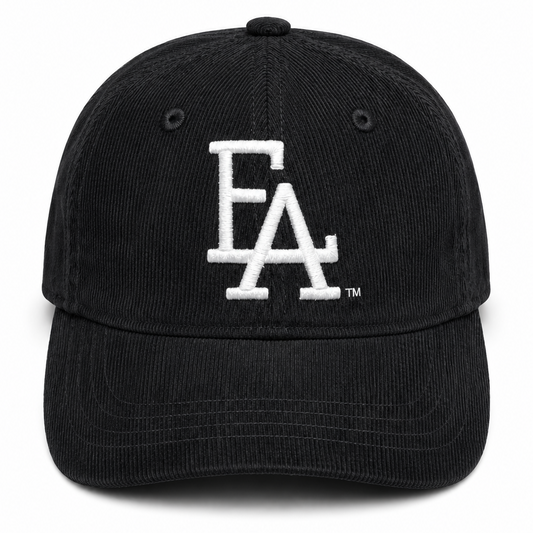 Black corduroy baseball cap featuring a white embroidered “FLA” logo on the front, textured fabric, and a classic curved brim for a vintage-inspired streetwear look.