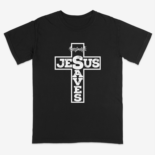 Black faith-based graphic tee featuring a bold cross design with “Jesus Saves” typography and crown of thorns detail, combining vintage-inspired Christian artwork with a powerful message of salvation.