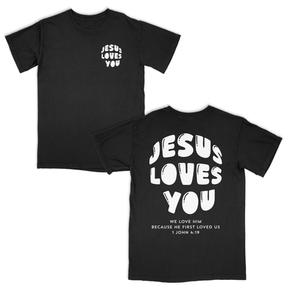 Black t-shirt with 'Jesus Loves You' text on front and back