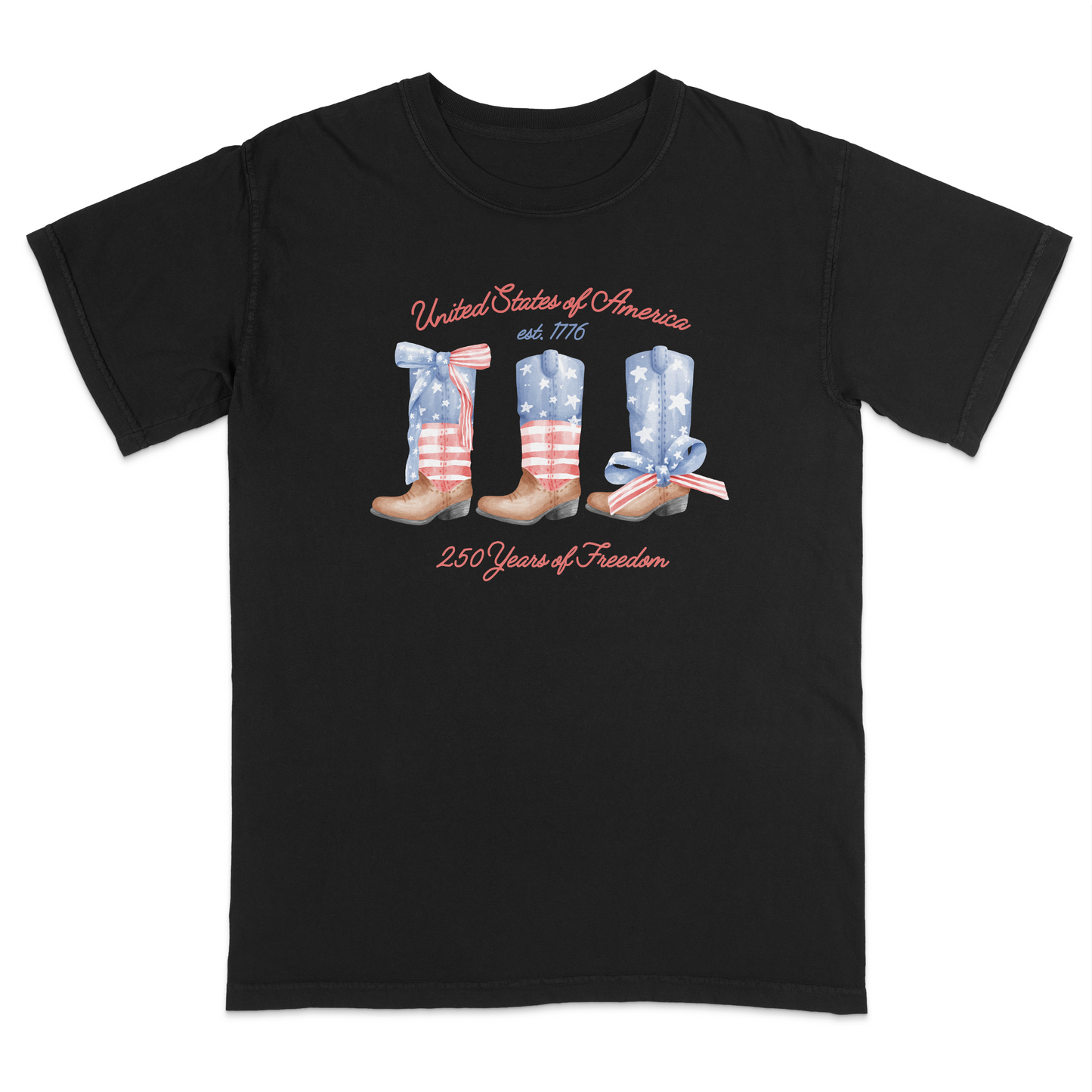 Black patriotic graphic tee featuring vintage American flag cowboy boots with “United States of America,” “Est. 1776,” and “250 Years of Freedom” text for a western-inspired Americana look.