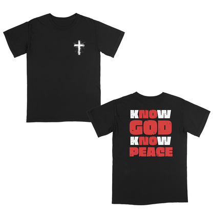 Black faith-based graphic tee featuring a distressed white cross on the front and bold “Know God Know Peace” typography on the back in red and white for a powerful Christian streetwear-inspired design.