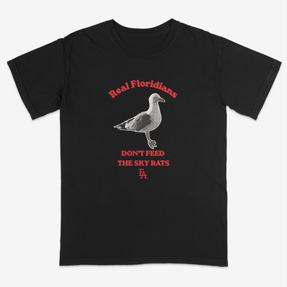 Black t-shirt with a graphic of a seagull and text on a white background