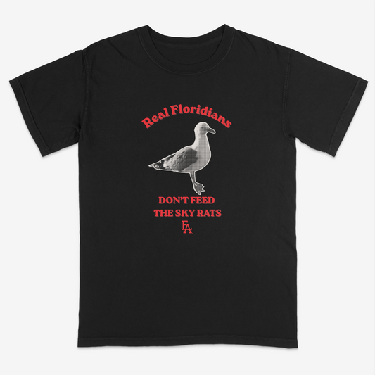 Black t-shirt with a graphic of a seagull and text on a white background