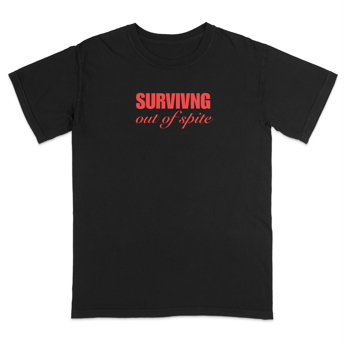Front view of a black short sleeve t-shirt featuring the phrase "SURVIVING" in bold red block letters above the words "out of spite" in elegant red script centered on the chest. The minimalist red-on-black design creates a striking, resilient statement tee with a clean, modern aesthetic.