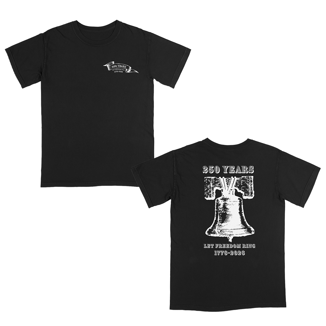 Black vintage-inspired patriotic graphic tee celebrating 250 years of American freedom, featuring a distressed Liberty Bell back design with “Let Freedom Ring 1776–2026” and a subtle matching front chest emblem.