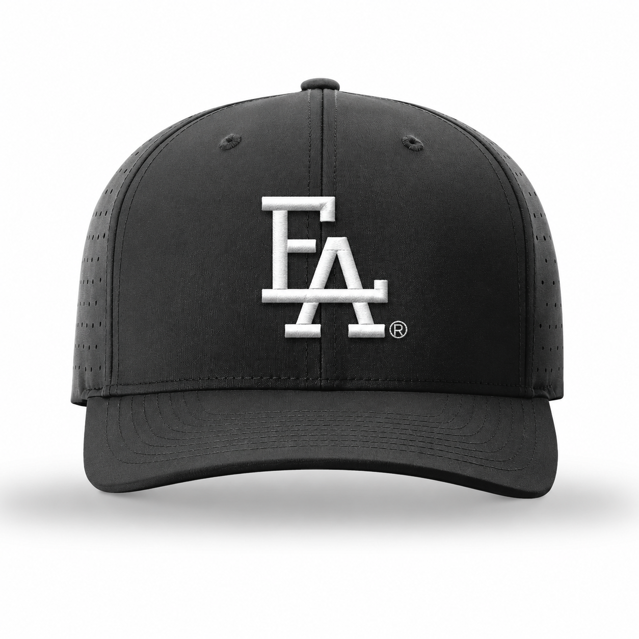 Black performance baseball cap featuring a white embroidered “FLA” logo on the front, perforated side panels for breathability, and a structured crown with a curved brim.