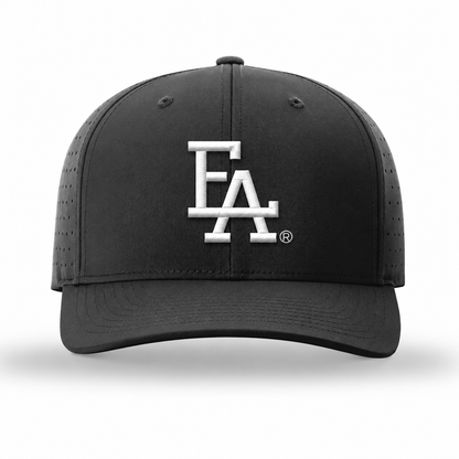 Black performance baseball cap featuring a white embroidered “FLA” logo on the front, perforated side panels for breathability, and a structured crown with a curved brim.