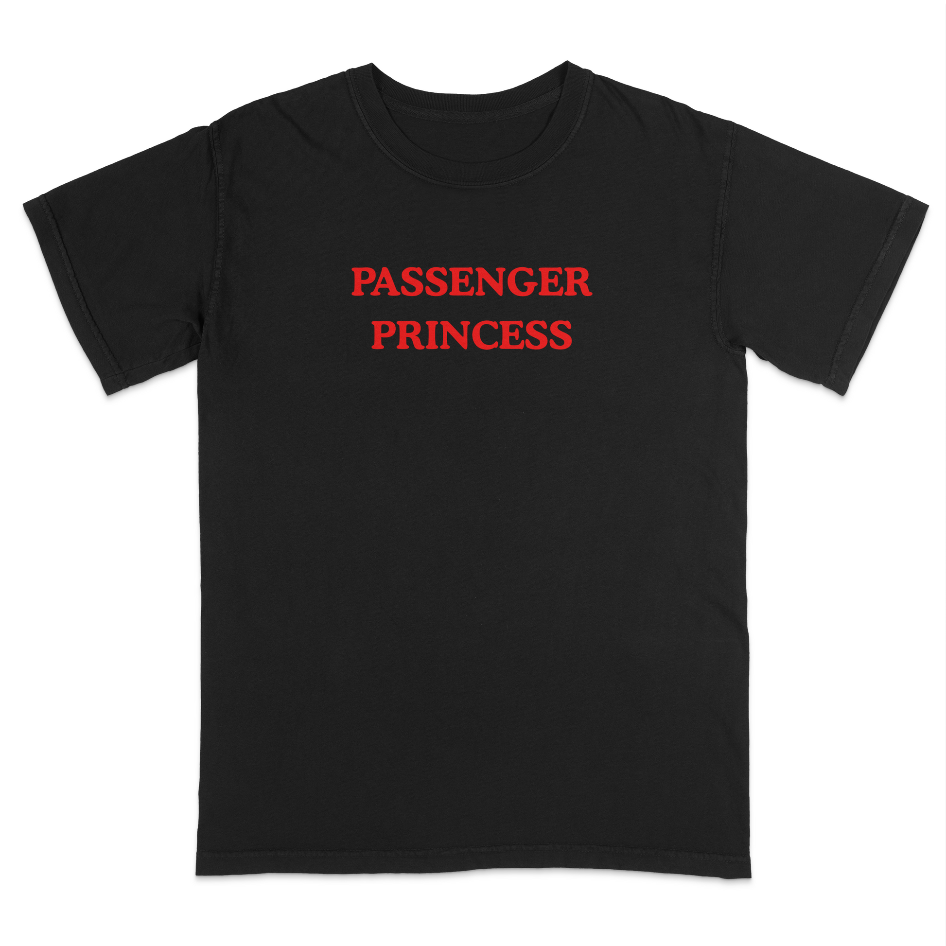 Front view of a black graphic T-shirt featuring the phrase "PASSENGER PRINCESS" in bold red vintage-style lettering centered across the chest. This minimalist graphic tee offers a playful automotive-inspired design, making it perfect for road trips, date nights, vacations, casual outings, and everyday wear.