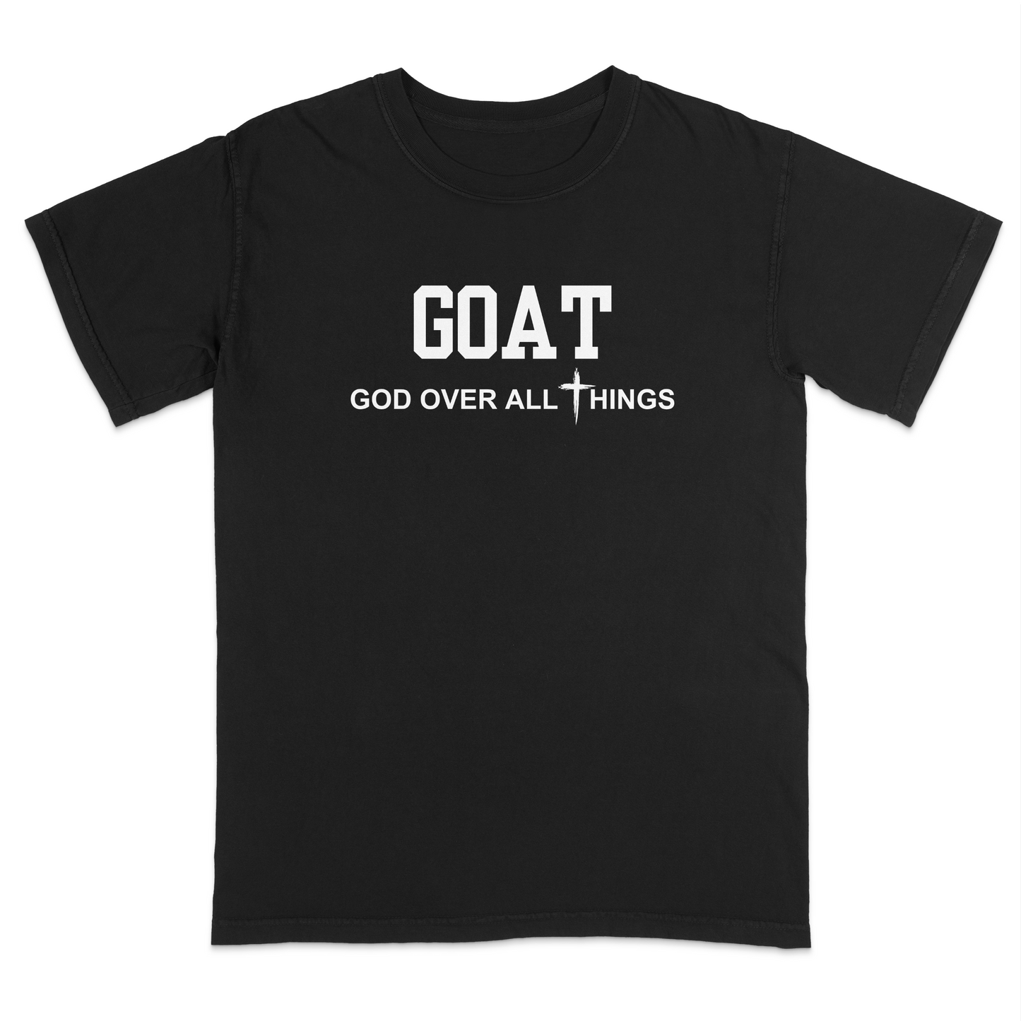Black faith-based Christian t-shirt featuring the bold word “GOAT” across the chest with the phrase “God Over All Things” underneath and a white cross graphic. Inspirational religious apparel designed for believers, church events, youth groups, Christian streetwear, Bible study gatherings, and everyday faith-centered fashion.