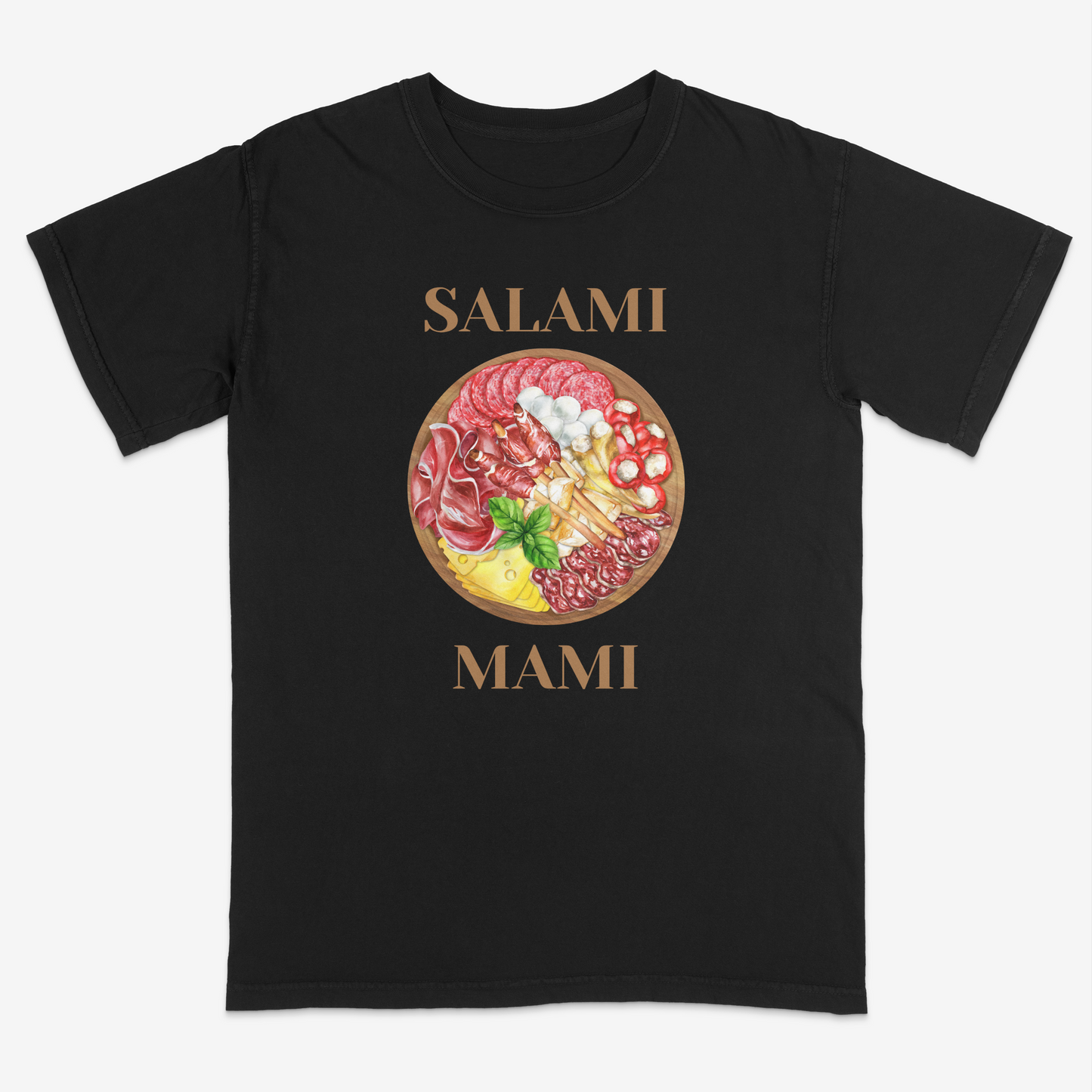 Funny Italian-inspired “Salami Mami” black graphic tee featuring a detailed charcuterie board illustration with cured meats, cheeses, and antipasto elements for a playful foodie streetwear aesthetic.