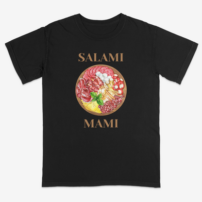 Funny Italian-inspired “Salami Mami” black graphic tee featuring a detailed charcuterie board illustration with cured meats, cheeses, and antipasto elements for a playful foodie streetwear aesthetic.