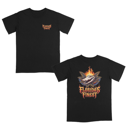 Black graphic t-shirt shown from front and back with fiery “Florida’s Finest” lettering and a flaming alligator graphic with palm leaves.