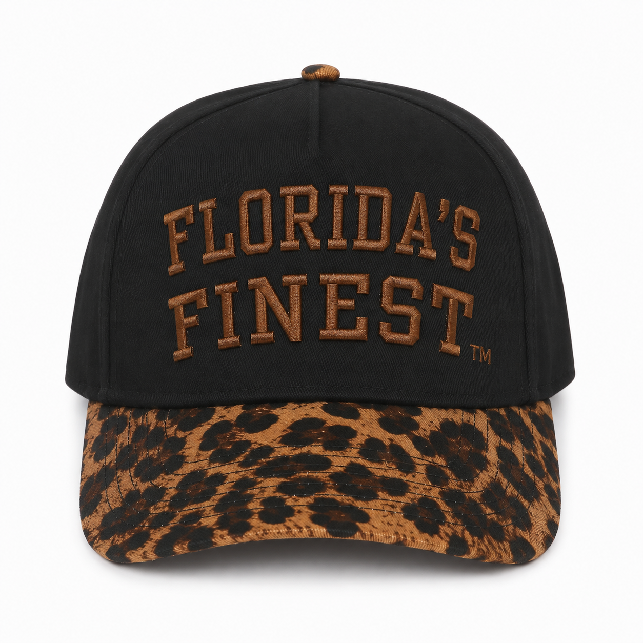 Front view of a black snapback hat featuring bold brown embroidered "Florida's Finest™" lettering across the crown. The hat has a brown leopard print curved brim, matching leopard print top button, and premium raised embroidery, blending classic black with a bold animal print accent for a stylish streetwear look.