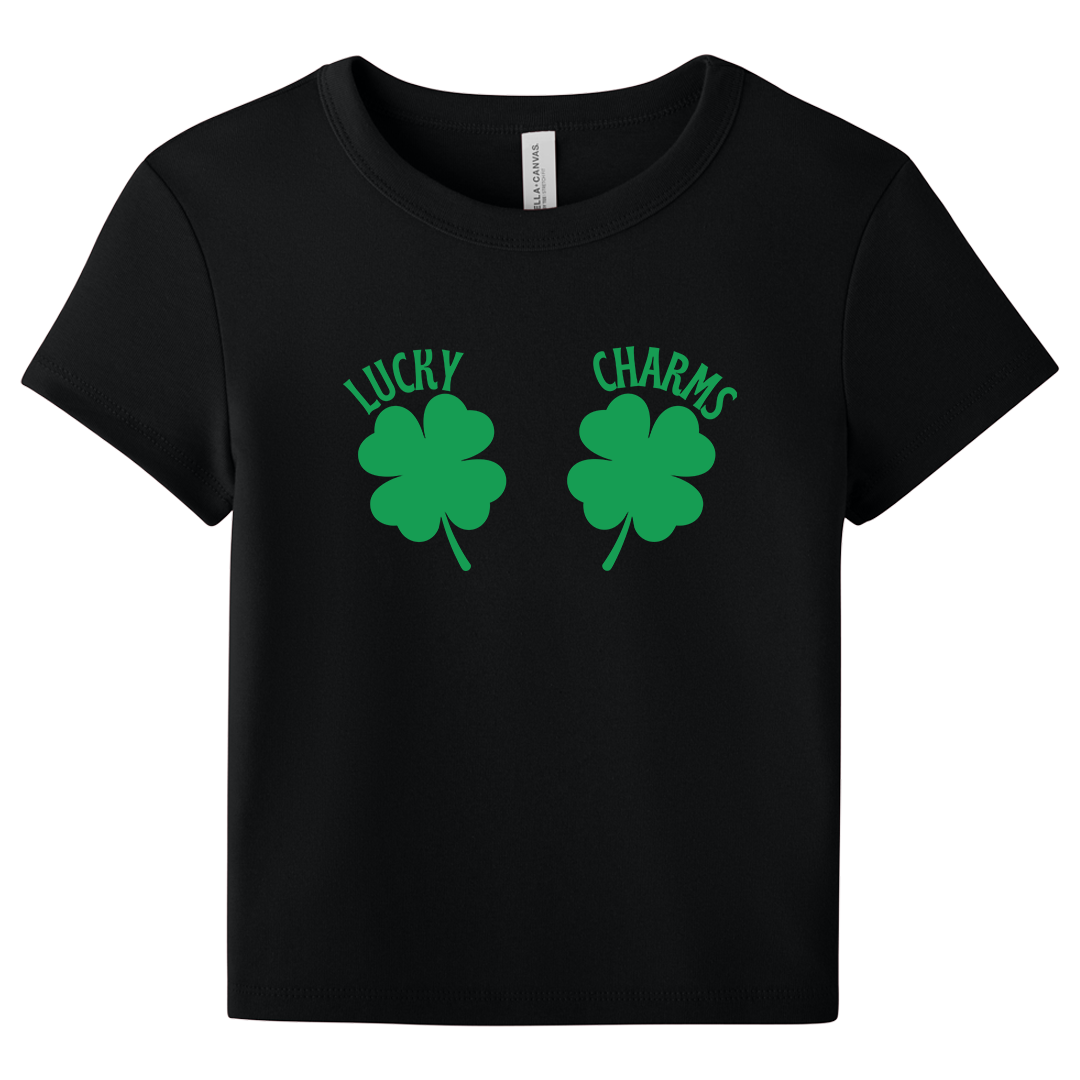 Black t-shirt with green shamrock design and 'Lucky Charms' text on a white background