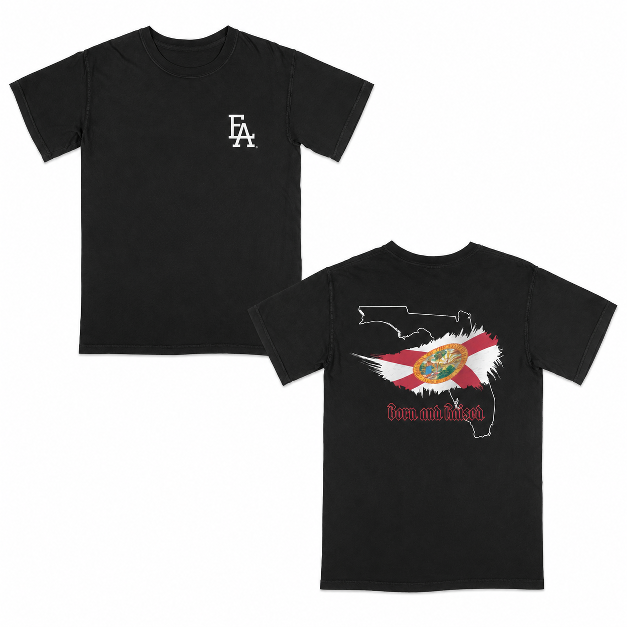Black short-sleeve T-shirt featuring a minimalist “FLA” logo on the front and a bold back graphic with the outline of Florida, the Florida state flag design, and “Born and Raised” text in red gothic font.