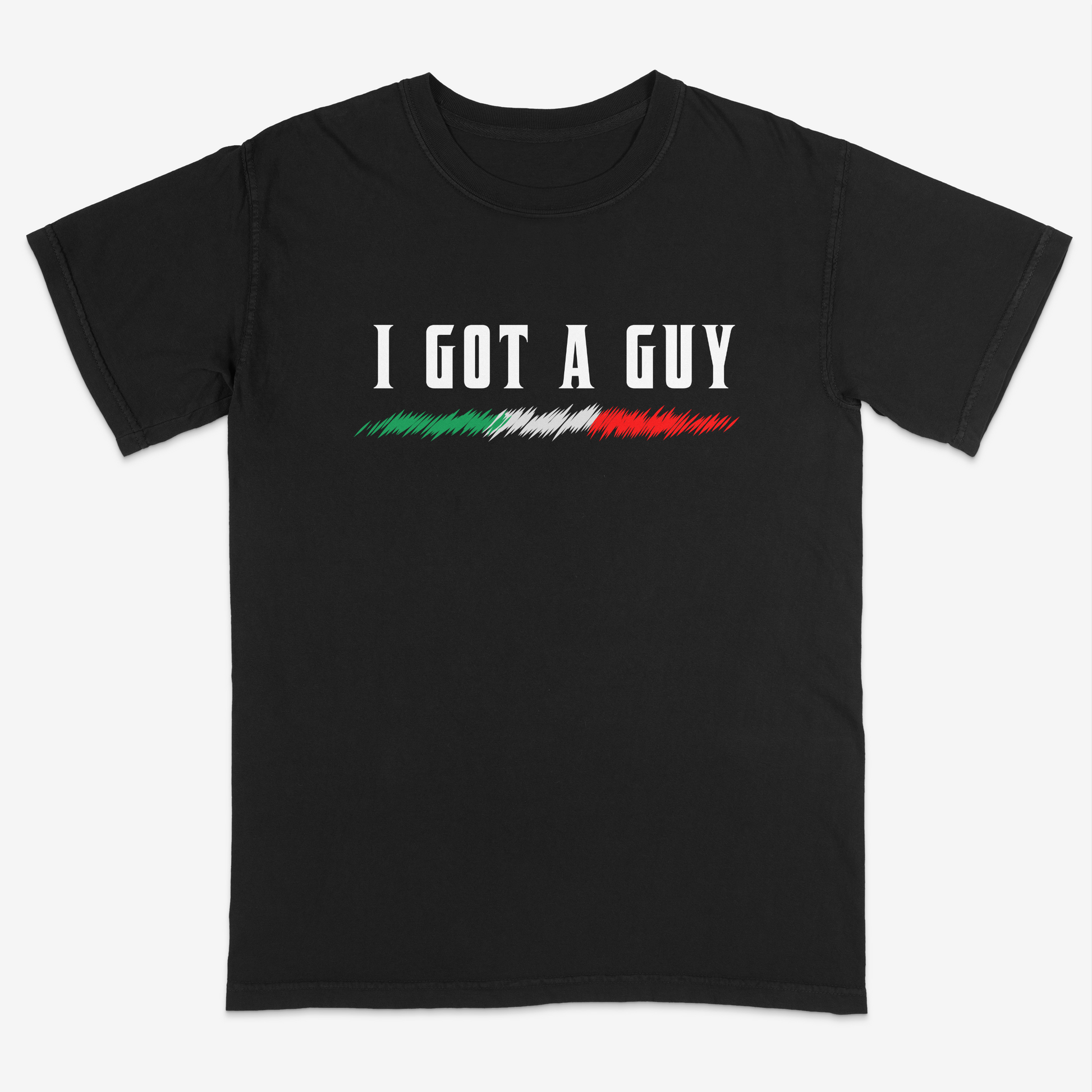 Black Italian heritage graphic tee featuring the phrase “I Got A Guy” with distressed Italian flag accents, combining classic humor and bold streetwear style for proud Italian personalities.
