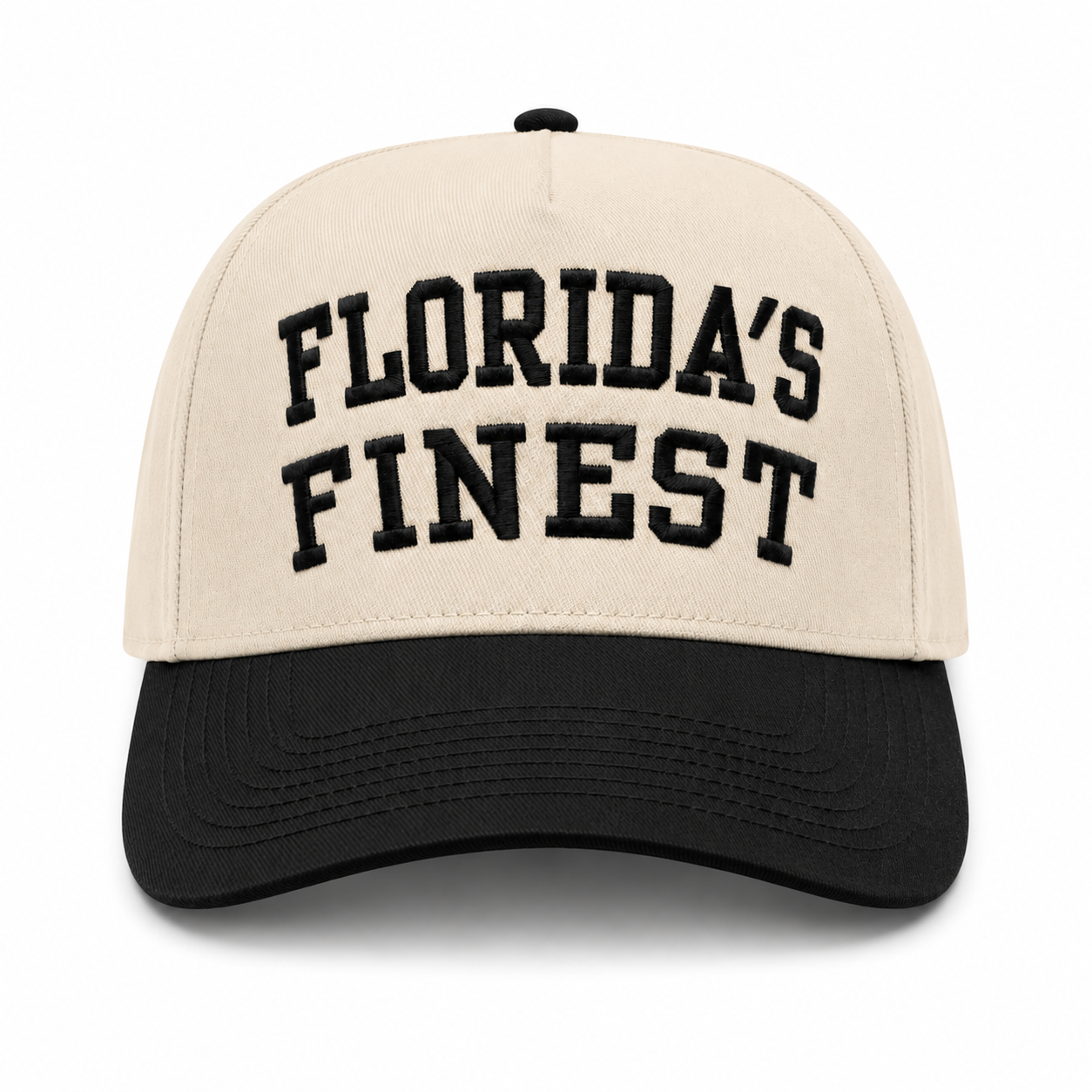 Cream and black baseball cap featuring bold black embroidered “Florida’s Finest” text on the front, contrasting black brim, and a structured crown for a classic vintage-inspired look.