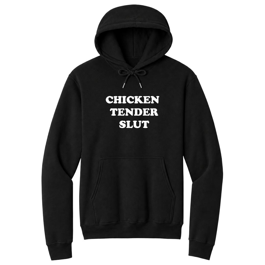 Front view of a black pullover hoodie featuring the bold white stacked phrase "CHICKEN TENDER SLUT" in large retro bubble lettering centered on the chest. The minimalist design contrasts sharply against the black fabric for a clean, eye-catching look, creating a funny foodie-themed hoodie with vintage-inspired typography and a playful sarcastic aesthetic.