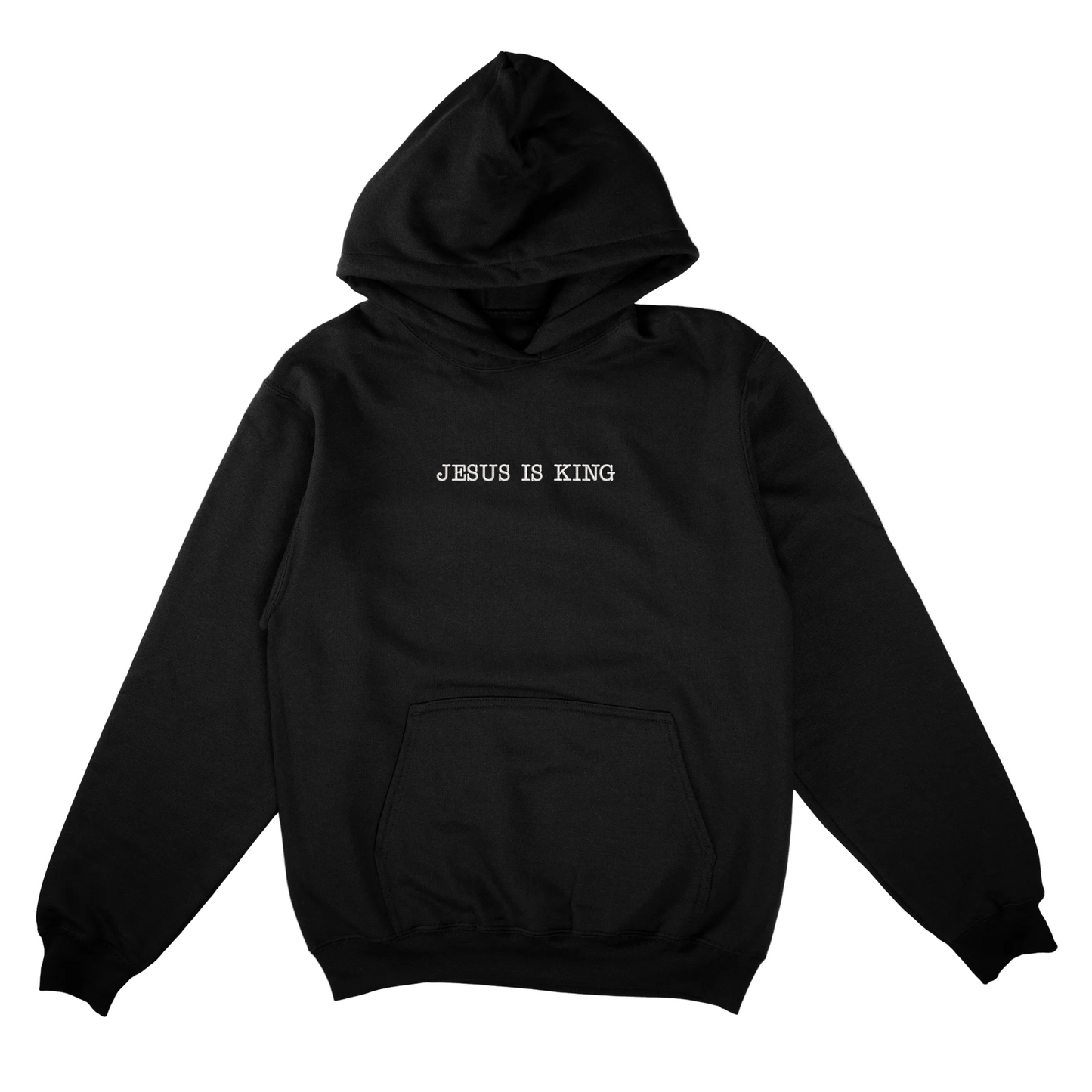 Black hoodie with 'Jesus is King' text on a white background