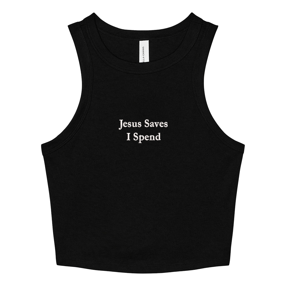 Black crop tank top with 'Jesus Saves I Spend' text on a white background