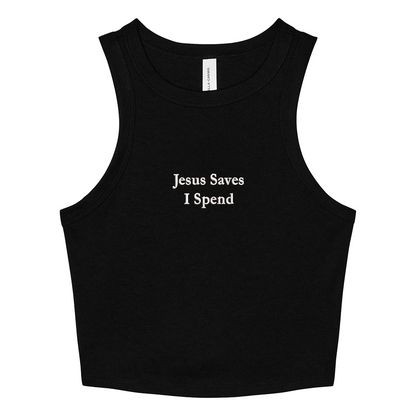 Black crop tank top with 'Jesus Saves I Spend' text on a white background