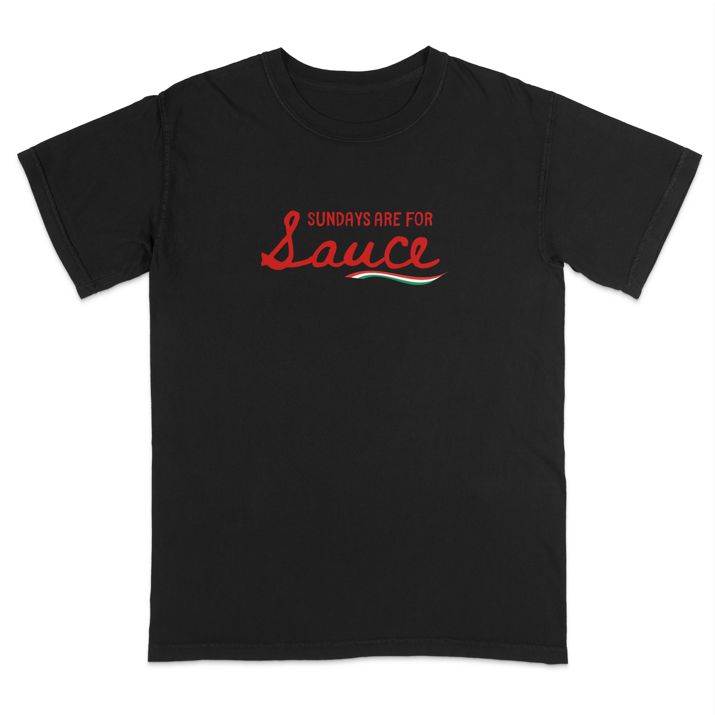 Black Italian heritage t-shirt featuring the phrase “Sundays Are For Sauce” in bold red script with an Italian flag accent underneath. Funny Italian-American apparel celebrating traditional Sunday dinners, homemade pasta sauce, family gatherings, and Italian culture. Perfect for food lovers, family events, Italian festivals, holiday meals, and anyone proud of their Italian roots and Sunday traditions.