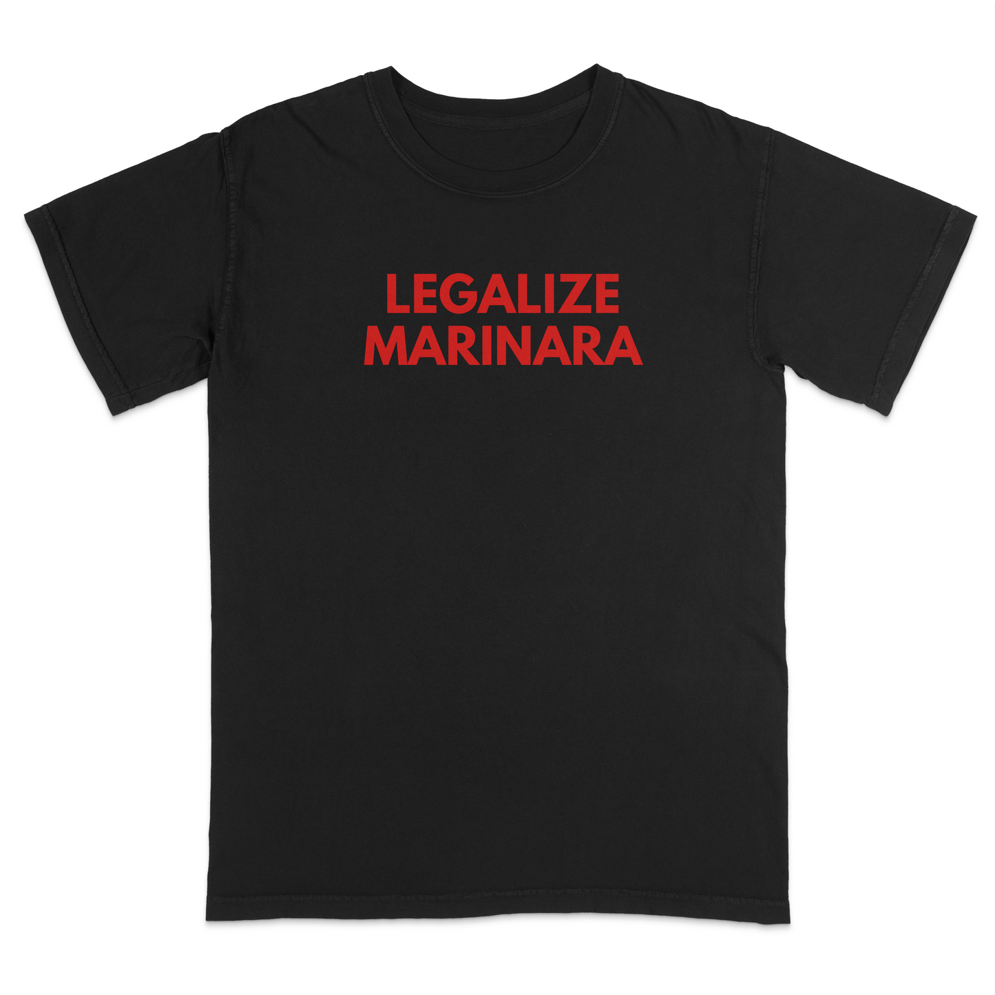 Funny Italian food graphic black t-shirt featuring the phrase “Legalize Marinara” in bold red lettering, perfect for pasta lovers, Italian heritage celebrations, family dinners, food festivals, and casual everyday wear.