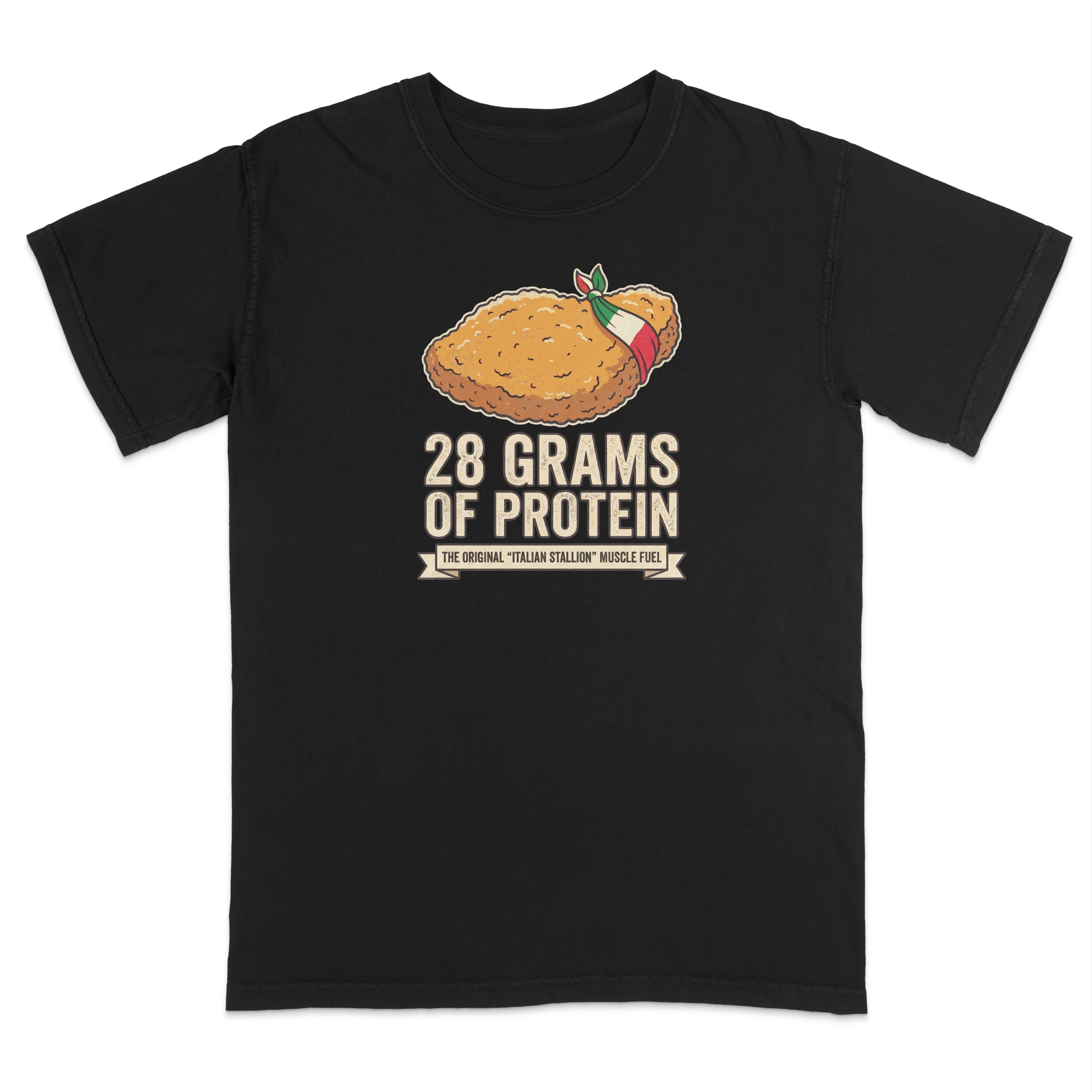 Black Italian heritage humor t-shirt featuring a breaded chicken cutlet graphic with an Italian flag bandana and the phrase “28 Grams of Protein – The Original Italian Stallion Muscle Fuel.” Funny Italian-American food-themed apparel celebrating classic Italian cuisine, family traditions, gym culture, and Italian pride. Perfect for food lovers, fitness enthusiasts, family gatherings, festivals, and everyday casual wear.