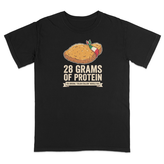 Black Italian heritage humor t-shirt featuring a breaded chicken cutlet graphic with an Italian flag bandana and the phrase “28 Grams of Protein – The Original Italian Stallion Muscle Fuel.” Funny Italian-American food-themed apparel celebrating classic Italian cuisine, family traditions, gym culture, and Italian pride. Perfect for food lovers, fitness enthusiasts, family gatherings, festivals, and everyday casual wear.