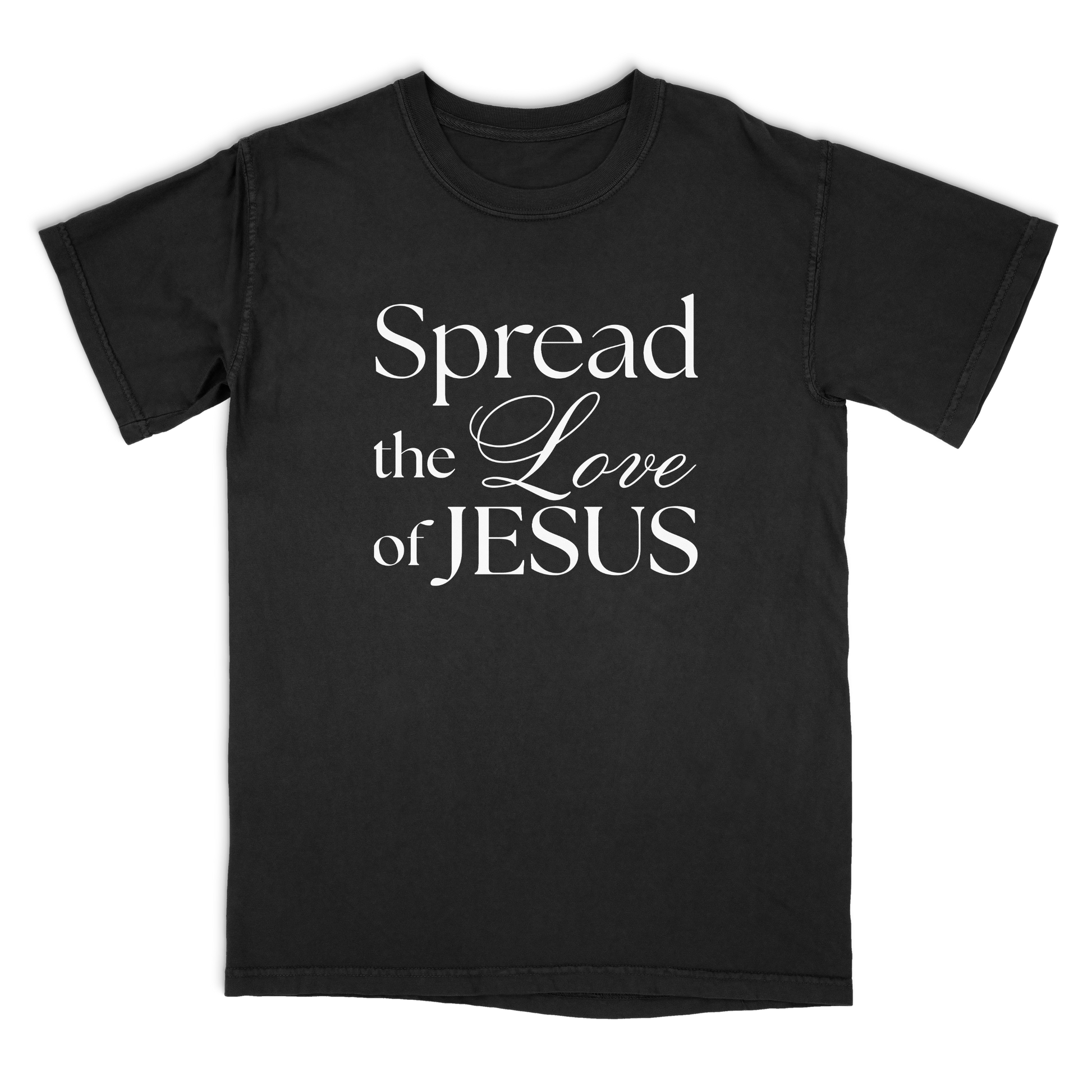 Black t-shirt with 'Spread the Love of Jesus' text on a white background