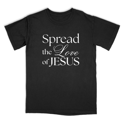 Black t-shirt with 'Spread the Love of Jesus' text on a white background
