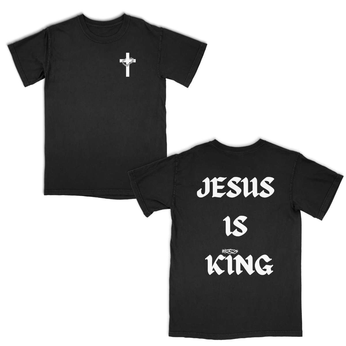Black t-shirt with a white cross on the front and 'Jesus is King' text on the back.