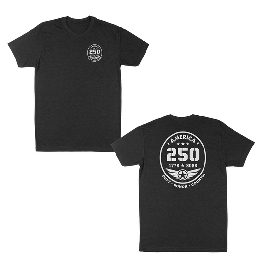 Black patriotic America 250 anniversary t-shirt featuring a small front chest badge and large back emblem with “1776–2026” commemorative design, aviation-inspired wing graphic, and “Duty • Honor • Country” military tribute text.