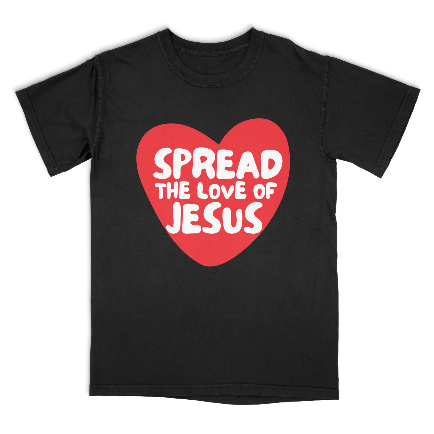 Black t-shirt with a red heart and white text 'Spread the Love of Jesus' on a white background