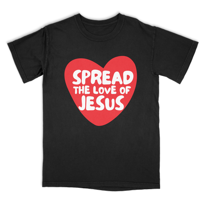 Black t-shirt with a red heart and white text 'Spread the Love of Jesus' on a white background