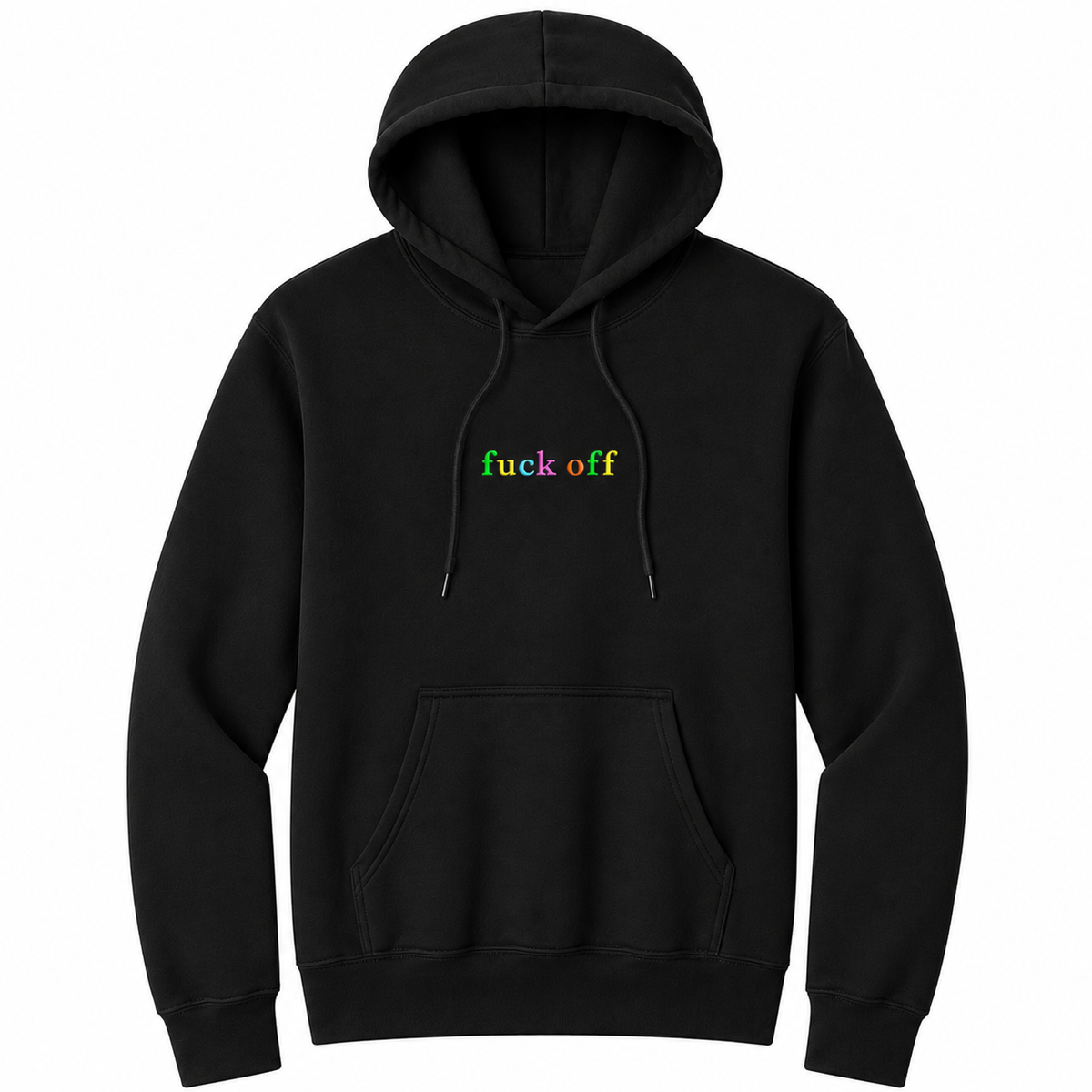 Front view of a black pullover hoodie featuring the phrase "fuck off" in small lowercase letters across the chest. Each letter is embroidered in a different bright color, creating a subtle rainbow-inspired design with a clean, minimalist look. The drawstrings naturally drape over the graphic for a realistic product mockup. A bold adult hoodie with colorful typography, casual streetwear style, and sarcastic humor.