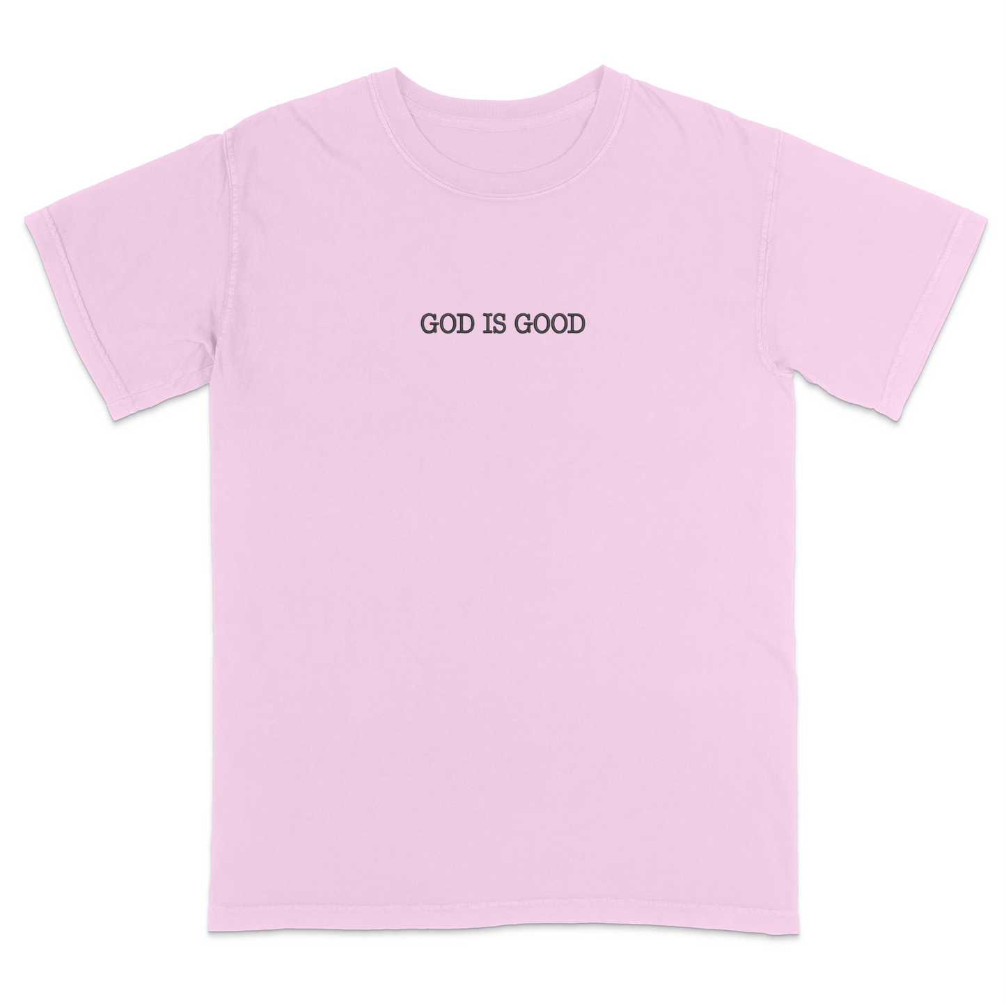 Pink t-shirt with 'GOD IS GOOD' text on a white background