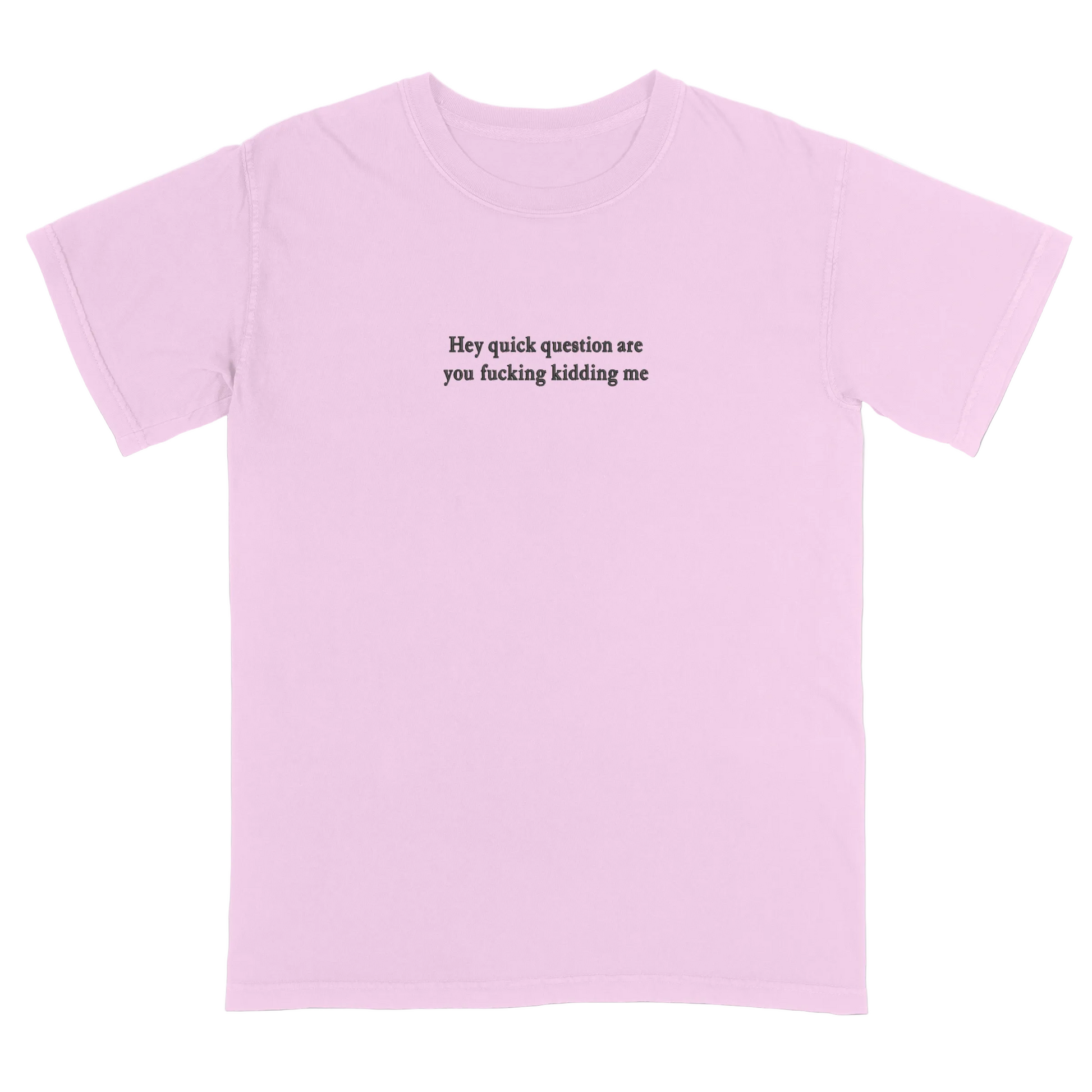 Pink t-shirt with 'Hey quick question are you fucking kidding me' text on a white background