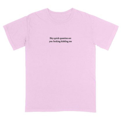 Pink t-shirt with 'Hey quick question are you fucking kidding me' text on a white background
