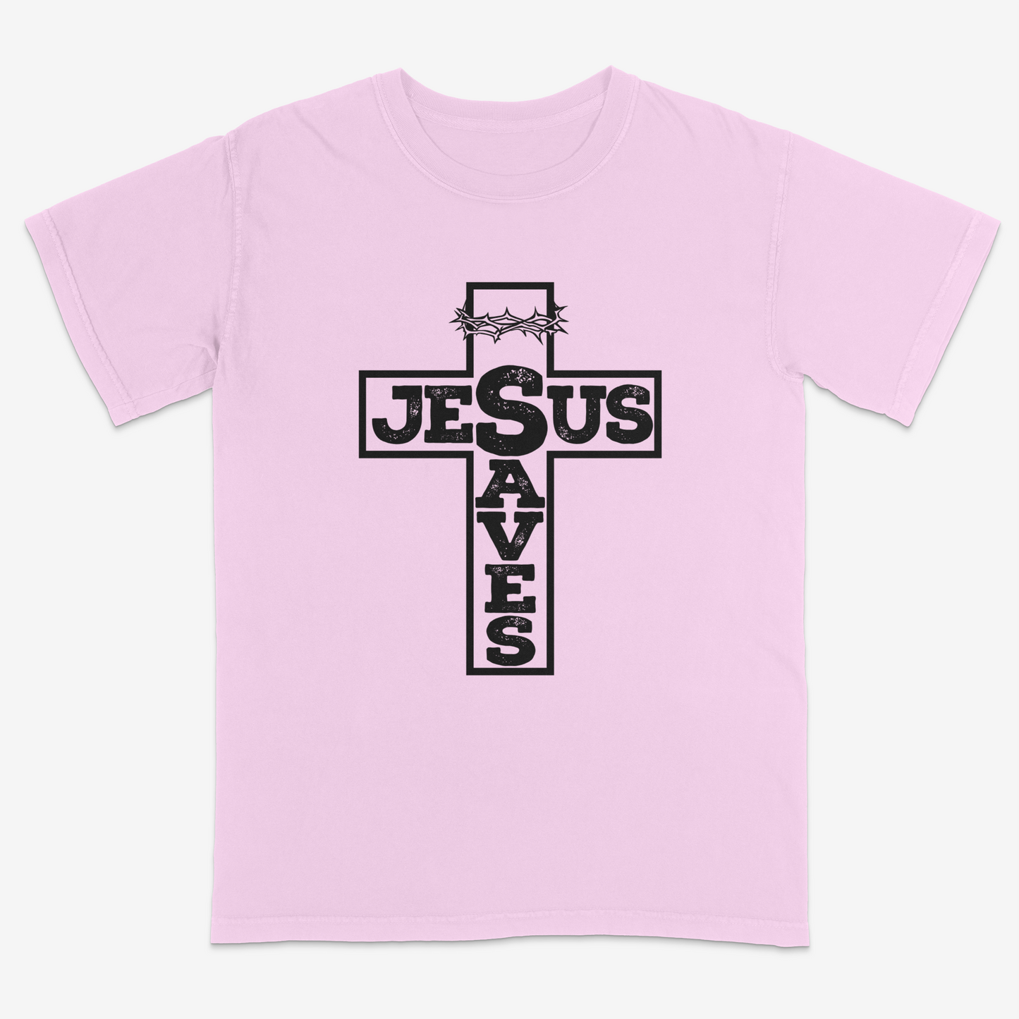 Blossom faith-based graphic tee featuring a bold cross design with “Jesus Saves” typography and crown of thorns detail, combining vintage-inspired Christian artwork with a powerful message of salvation.