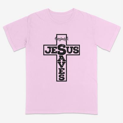 Blossom faith-based graphic tee featuring a bold cross design with “Jesus Saves” typography and crown of thorns detail, combining vintage-inspired Christian artwork with a powerful message of salvation.