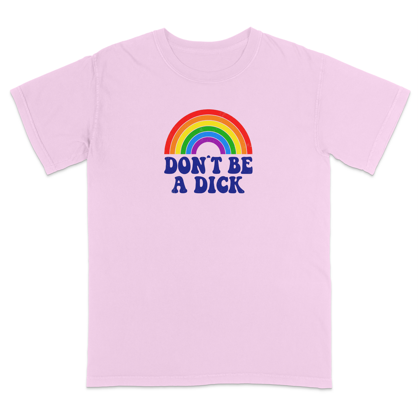 Front view of an light pink graphic T-shirt featuring a retro-style rainbow above the bold navy phrase "DON'T BE A DICK." This vintage-inspired humor tee combines colorful retro aesthetics with a funny, blunt message, making it perfect for casual everyday wear and conversation-starting style.