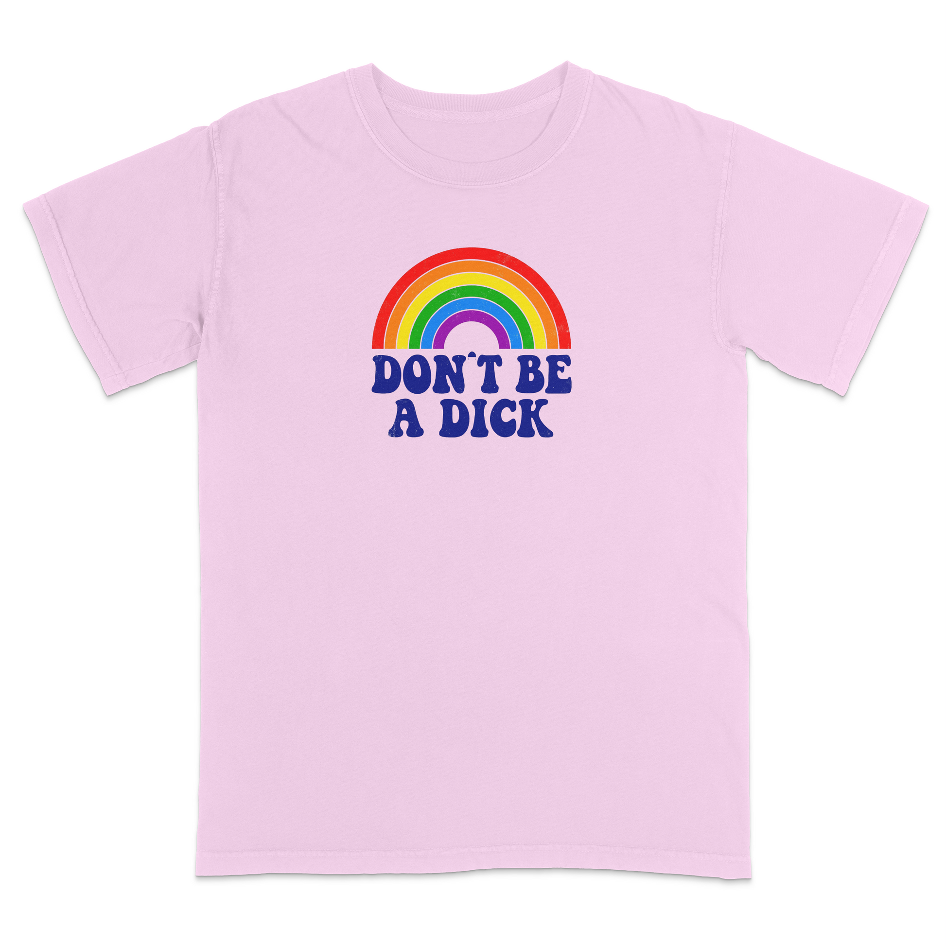 Front view of an light pink graphic T-shirt featuring a retro-style rainbow above the bold navy phrase "DON'T BE A DICK." This vintage-inspired humor tee combines colorful retro aesthetics with a funny, blunt message, making it perfect for casual everyday wear and conversation-starting style.