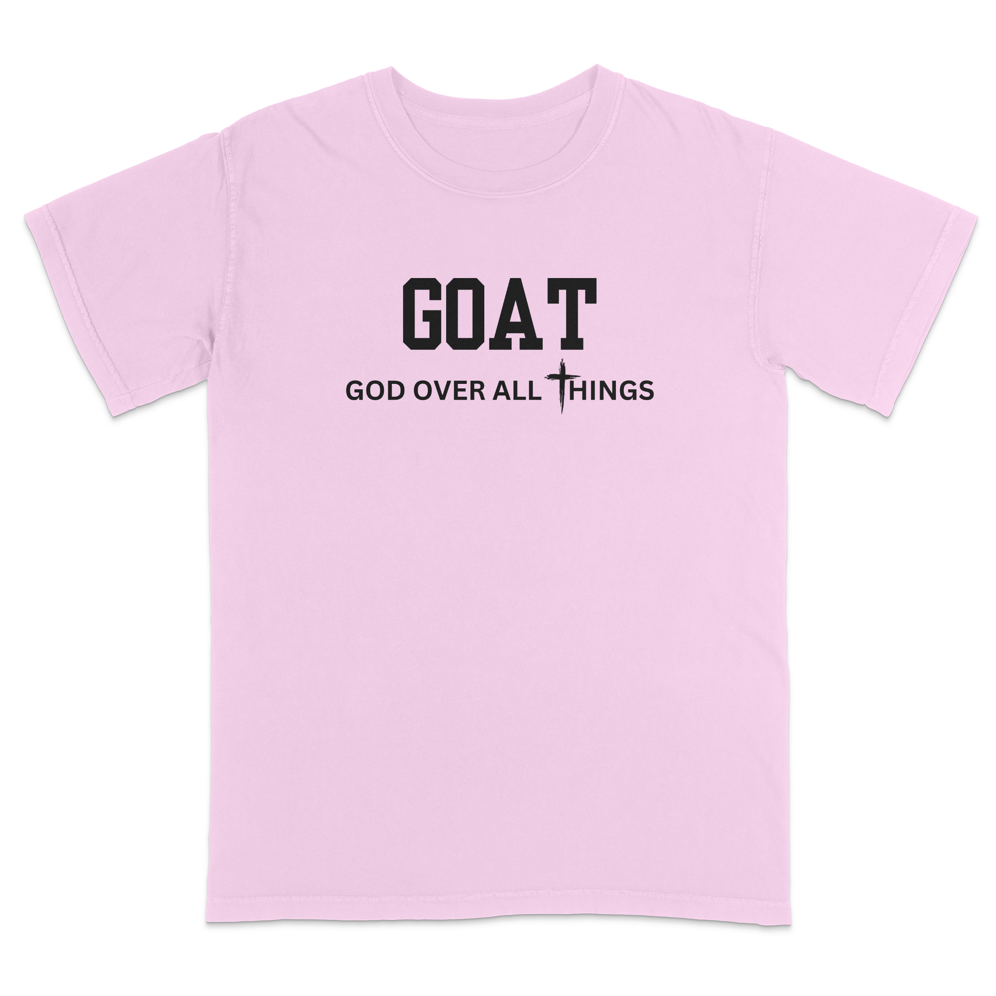 Pink faith-based Christian t-shirt featuring the bold word “GOAT” across the chest with the phrase “God Over All Things” underneath and a white cross graphic. Inspirational religious apparel designed for believers, church events, youth groups, Christian streetwear, Bible study gatherings, and everyday faith-centered fashion.