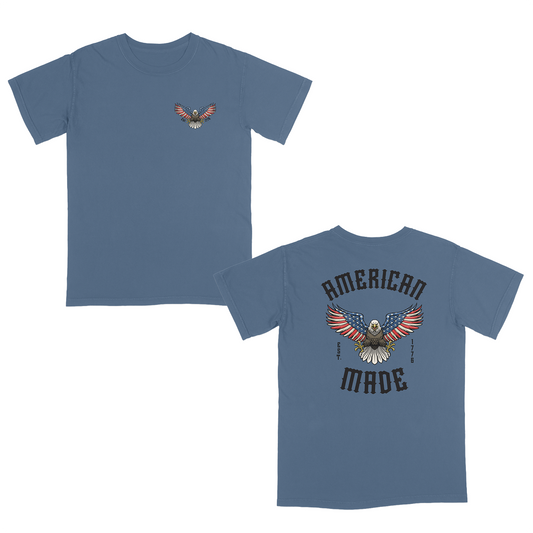 Blue jean t-shirt with eagle design on front and 'American Made' text on back