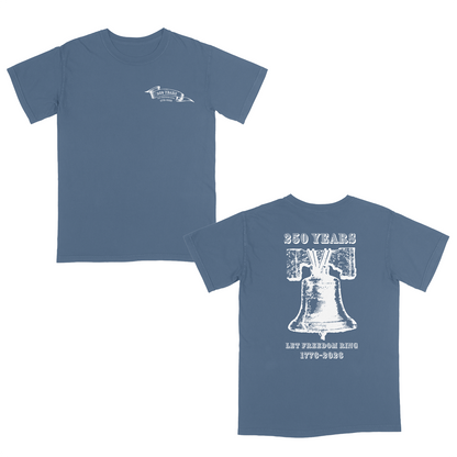 Blue Jean vintage-inspired patriotic graphic tee celebrating 250 years of American freedom, featuring a distressed Liberty Bell back design with “Let Freedom Ring 1776–2026” and a subtle matching front chest emblem.