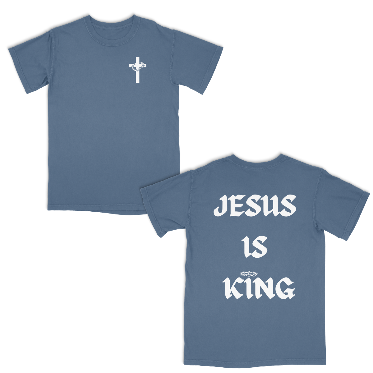 Blue t-shirt with a white cross on the front and 'Jesus is King' text on the back.